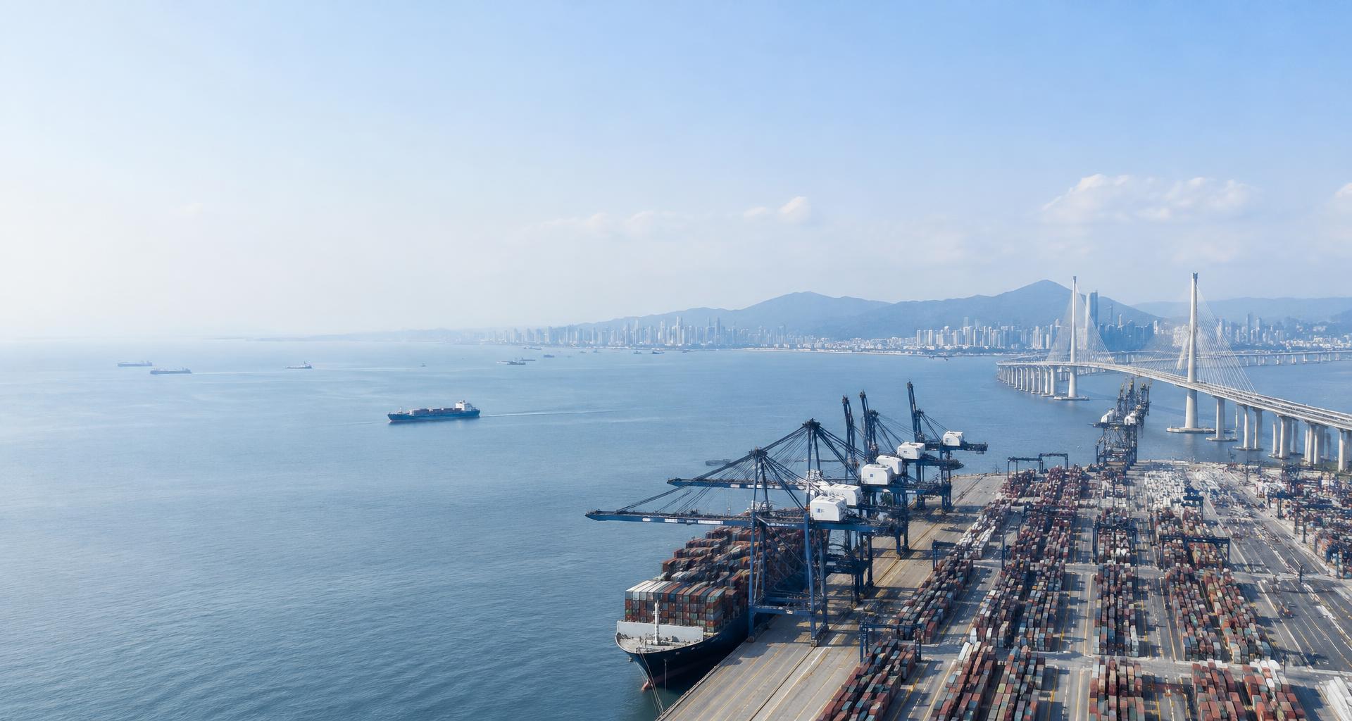 International container port and coastal bridge connecting global commerce